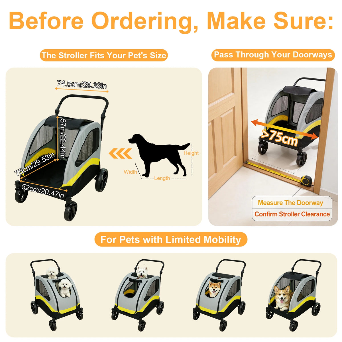 Foldable Four Wheel Dog Stroller With Shock Absorbing Swivel Wheels