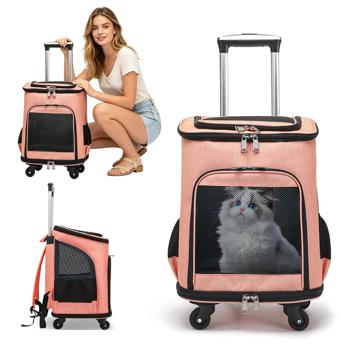 3-In-1 Wheeled Pet Carrier Backpack With Rolling Travel Convenience