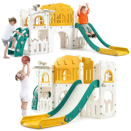 8In1 Toddler Slide Indoor Playground With Climber And Basketball Hoop