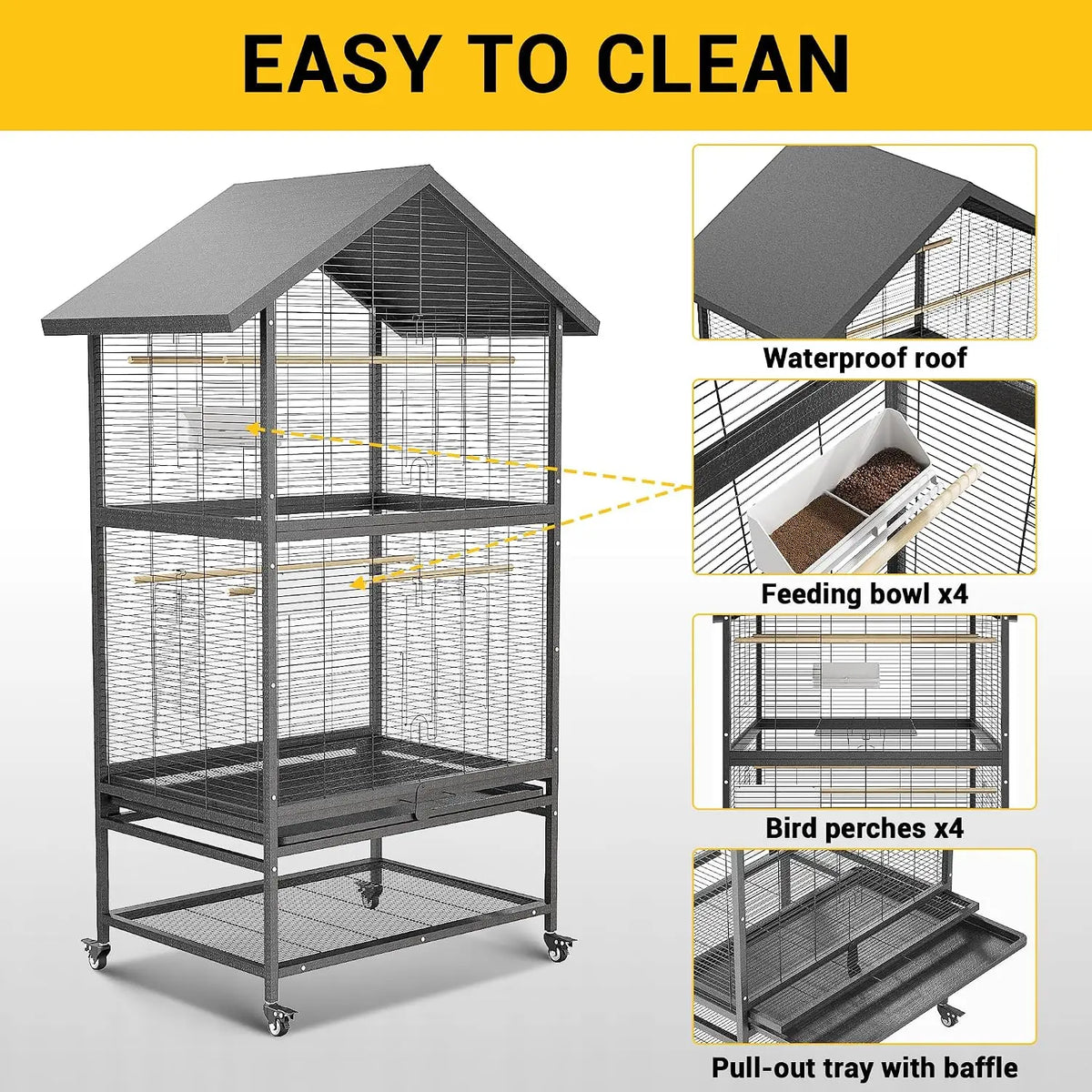 Large Wrought Iron Bird Cage With Rolling Stand And Perches