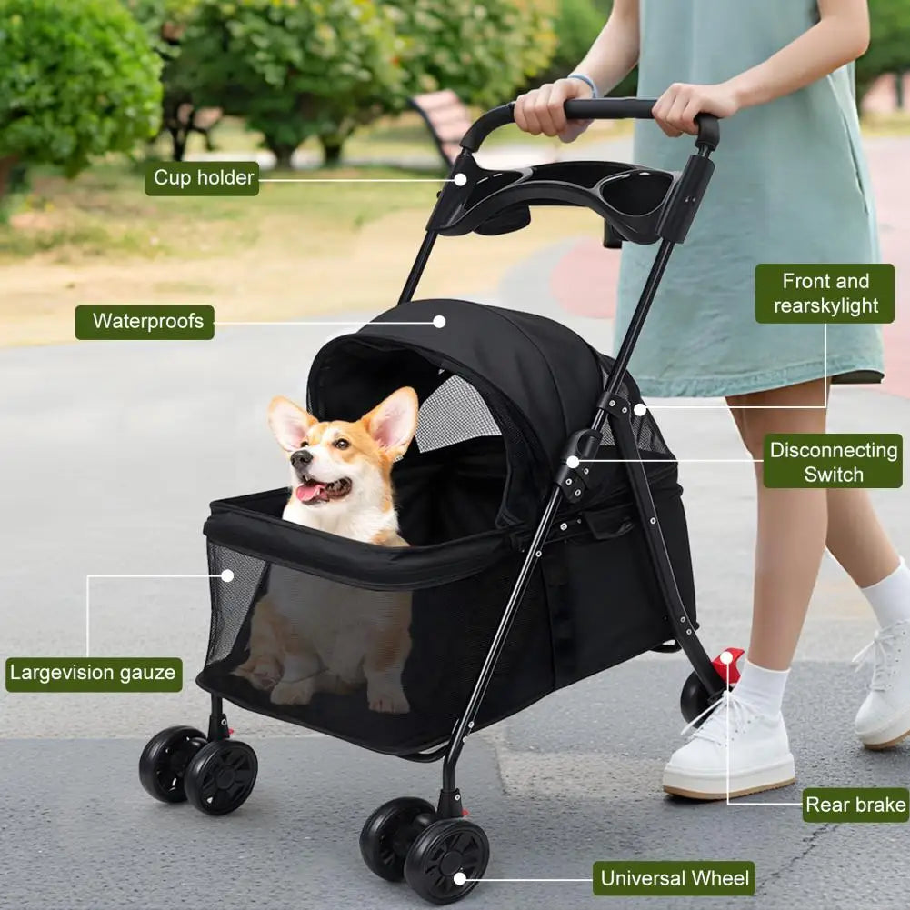 Four Wheel Folding Pet Stroller With Breathable Mesh Window