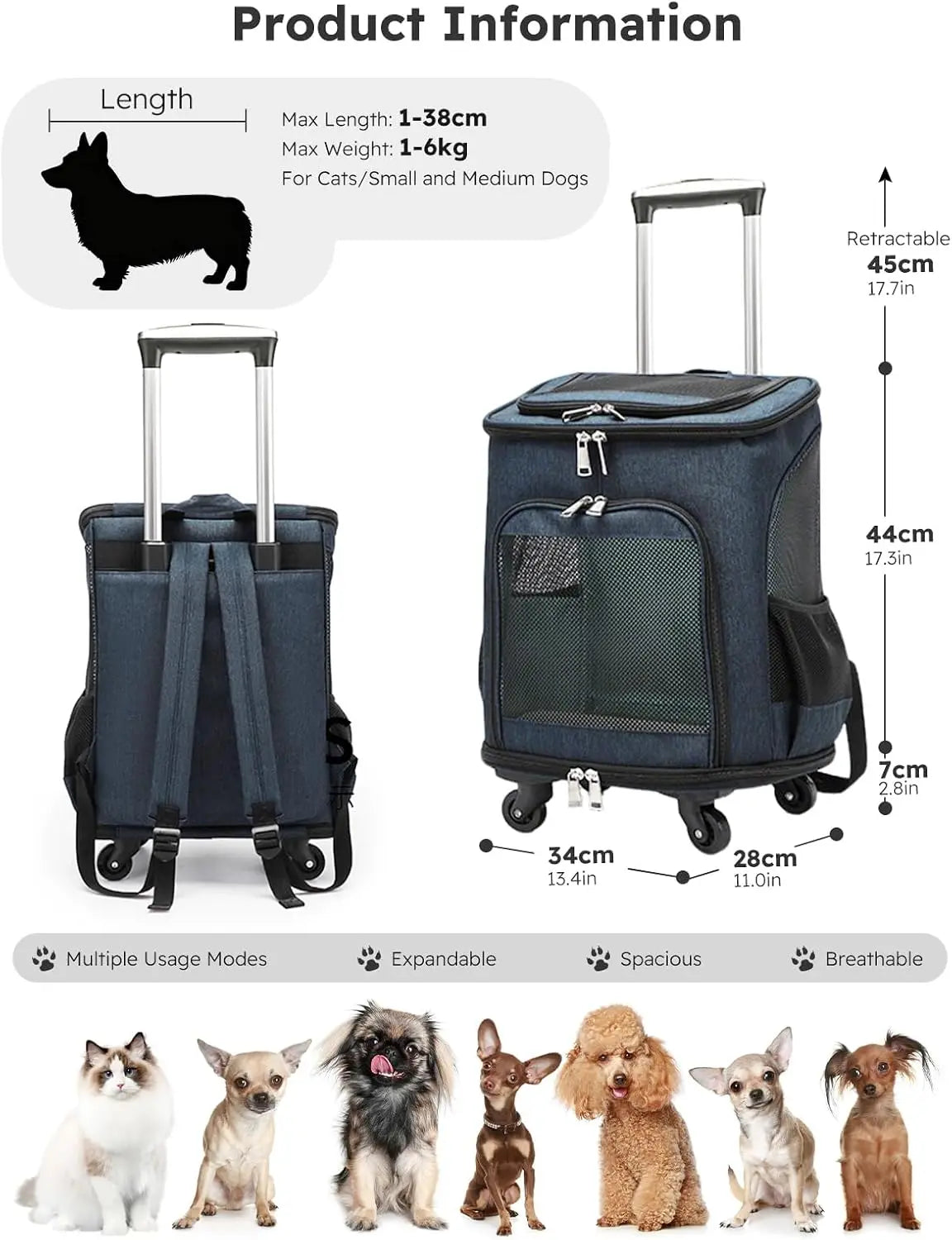 3-In-1 Wheeled Pet Carrier Backpack With Rolling Travel Convenience
