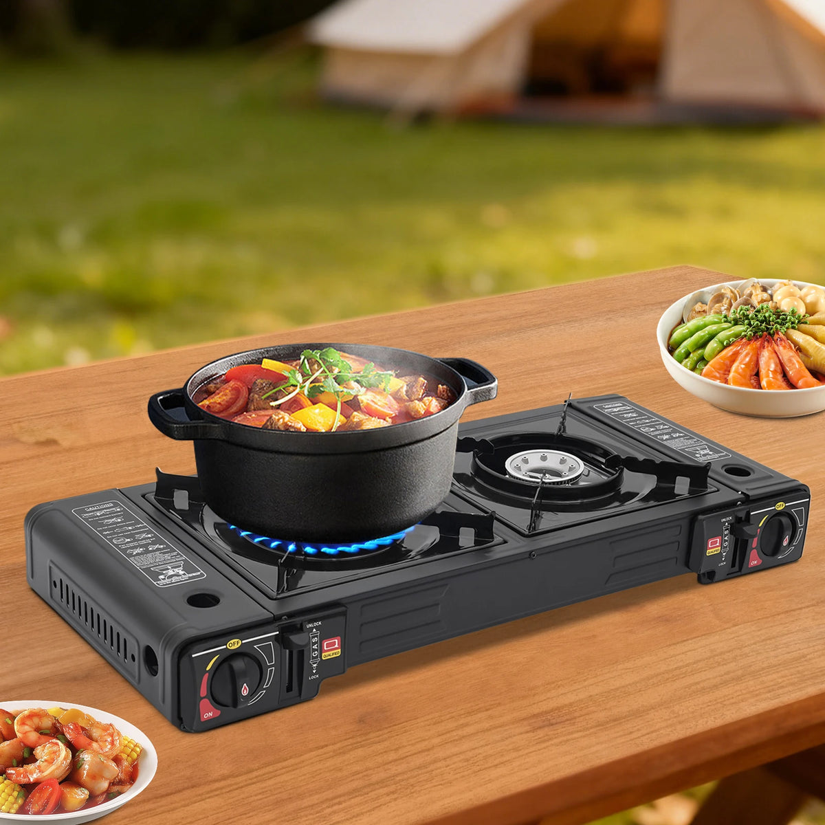 Portable Dual Burner Butane Stove With Auto Ignition Carry Case