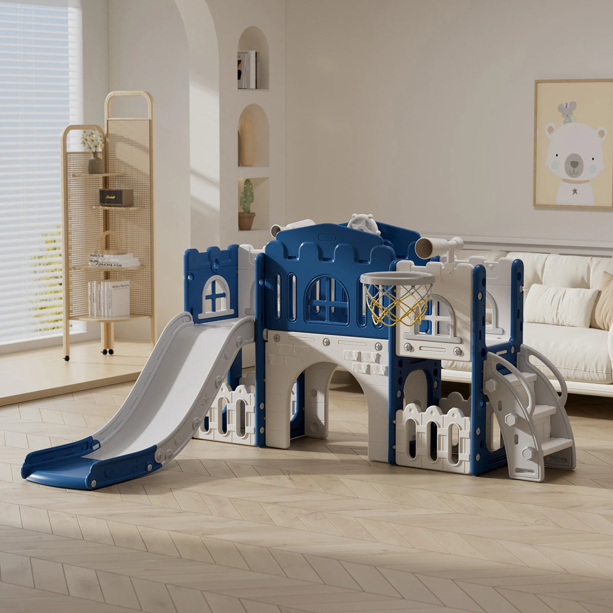 Toddler Indoor Playground Set With Slide And Basketball Hoop