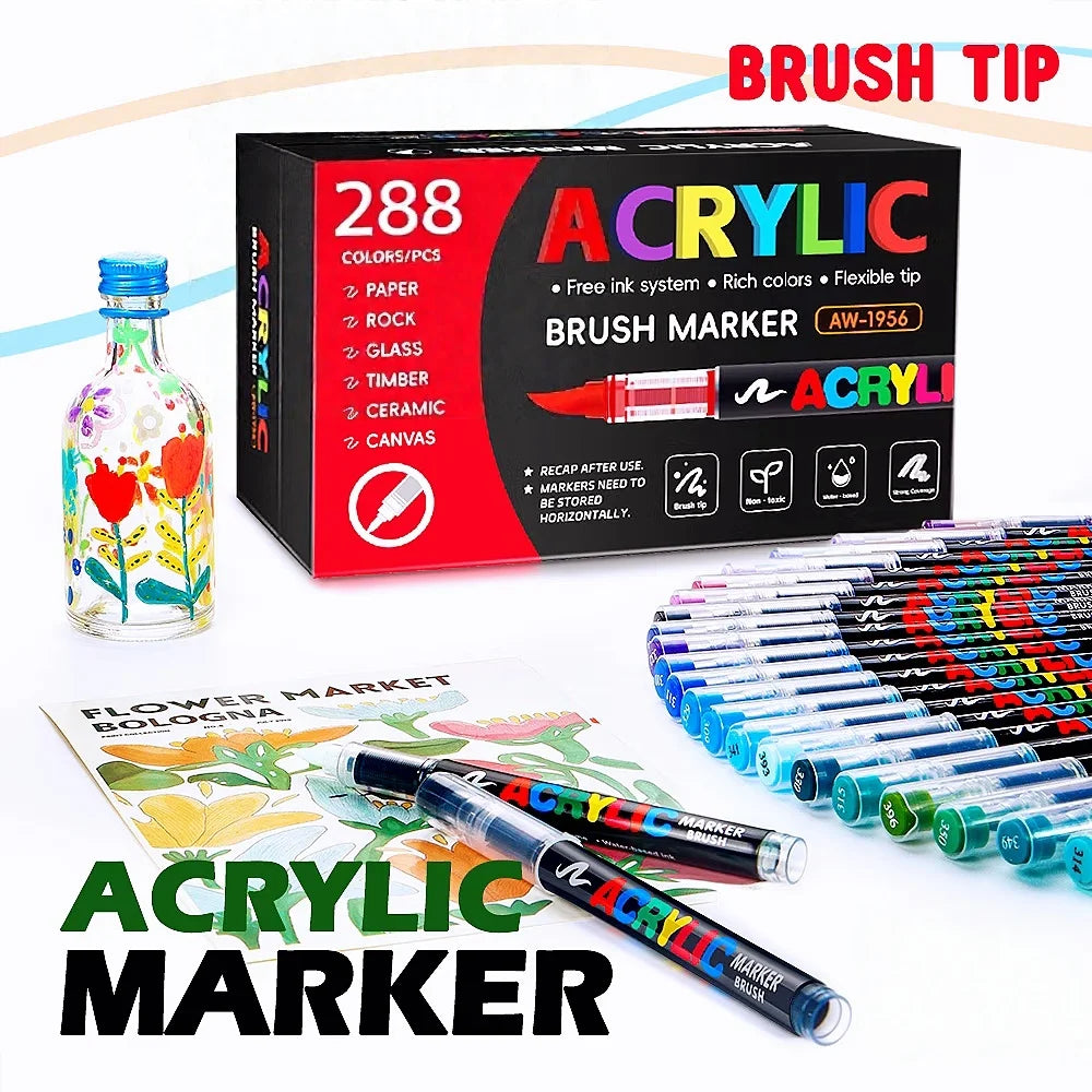 Acrylic Brush Marker Pen Set Free‑ink System Soft Flexible Tip Paint Markers for Rock Ceramic Glass Wood Canvas DIY Art Graffiti Drawing Craft Supplies