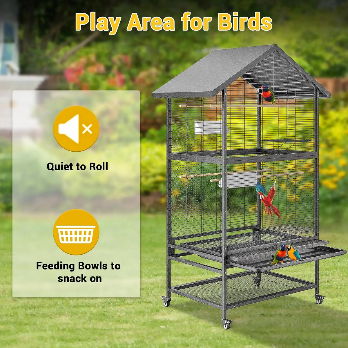 Large Wrought Iron Bird Cage With Rolling Stand And Perches