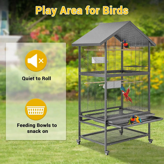 Large Wrought Iron Bird Cage With Rolling Stand And Perches