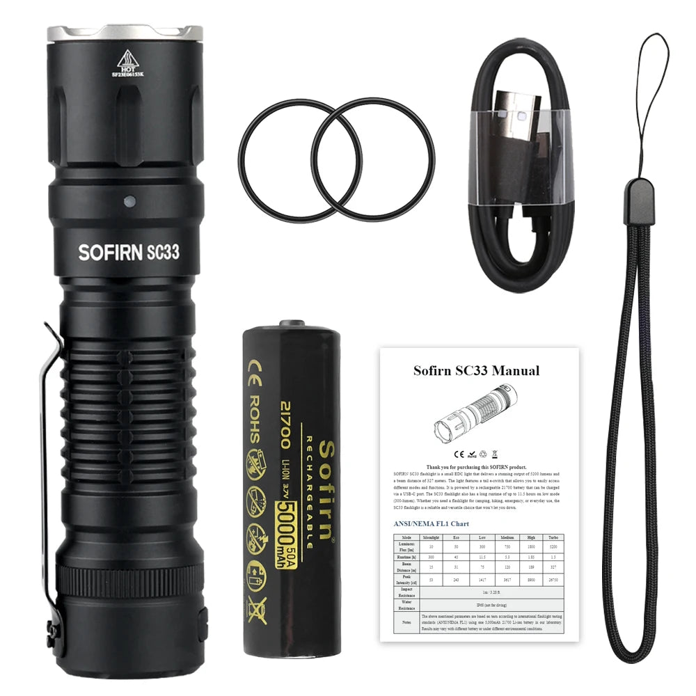 Sofirn SC33 XHP70 LED Flashlight 5200 Lumen Rechargeable Aluminum