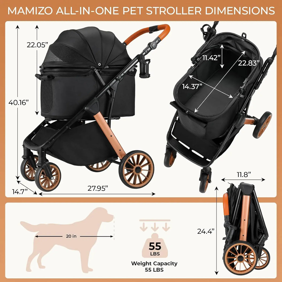 Foldable Pet Stroller for Dogs and Cats with Sun Shade