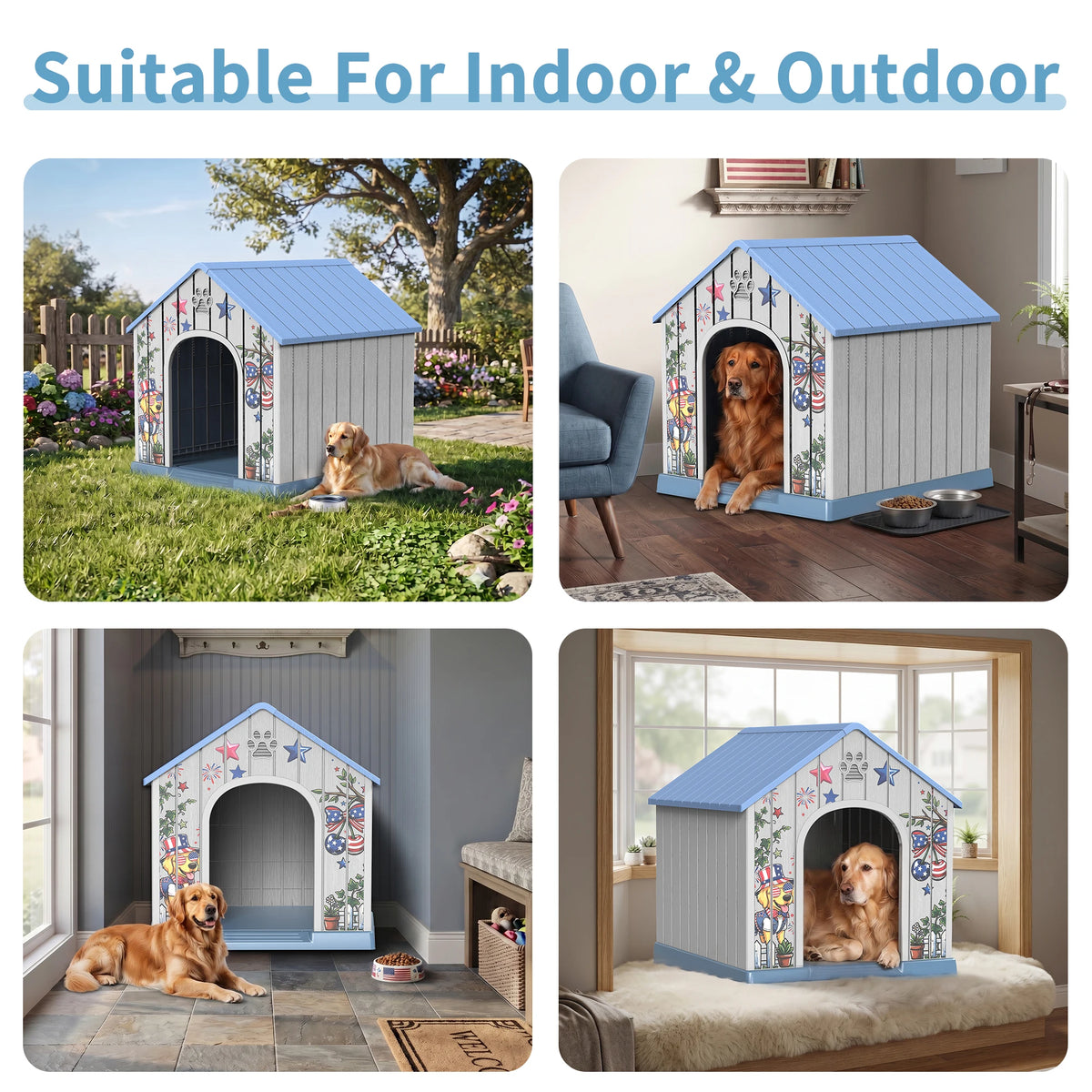 Weatherproof Plastic Outdoor Dog House With Pattern Door