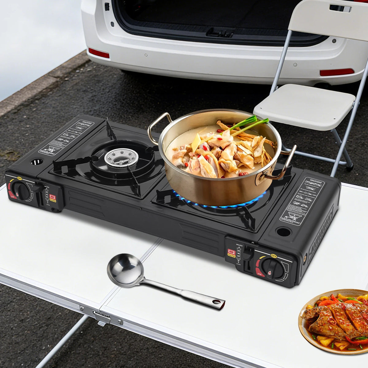 Portable Dual Burner Butane Stove With Auto Ignition Carry Case
