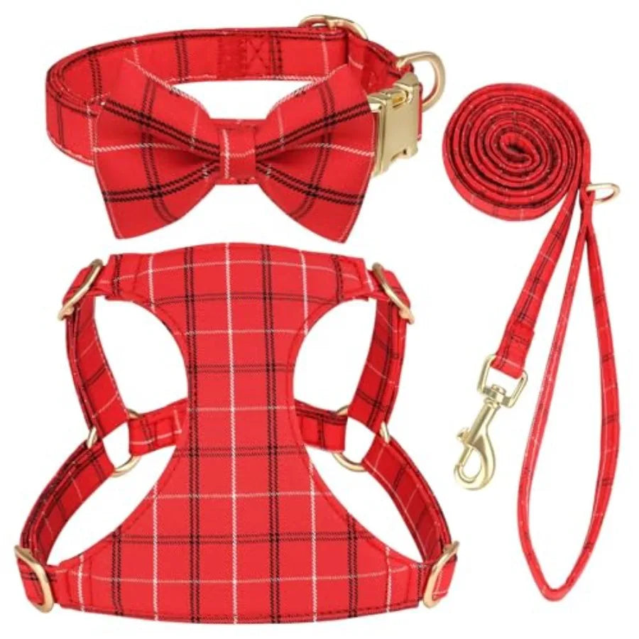 Adjustable Polyester Dog Harness Collar And Leash Set With Bowtie