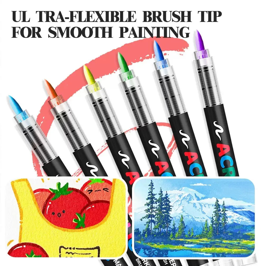 Acrylic Brush Marker Pen Set Free‑ink System Soft Flexible Tip Paint Markers for Rock Ceramic Glass Wood Canvas DIY Art Graffiti Drawing Craft Supplies