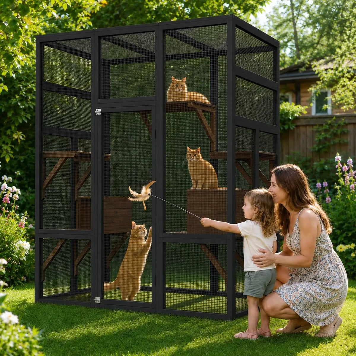 HiMISS Wooden Outdoor Catio Cat Enclosure With Weatherproof Roof