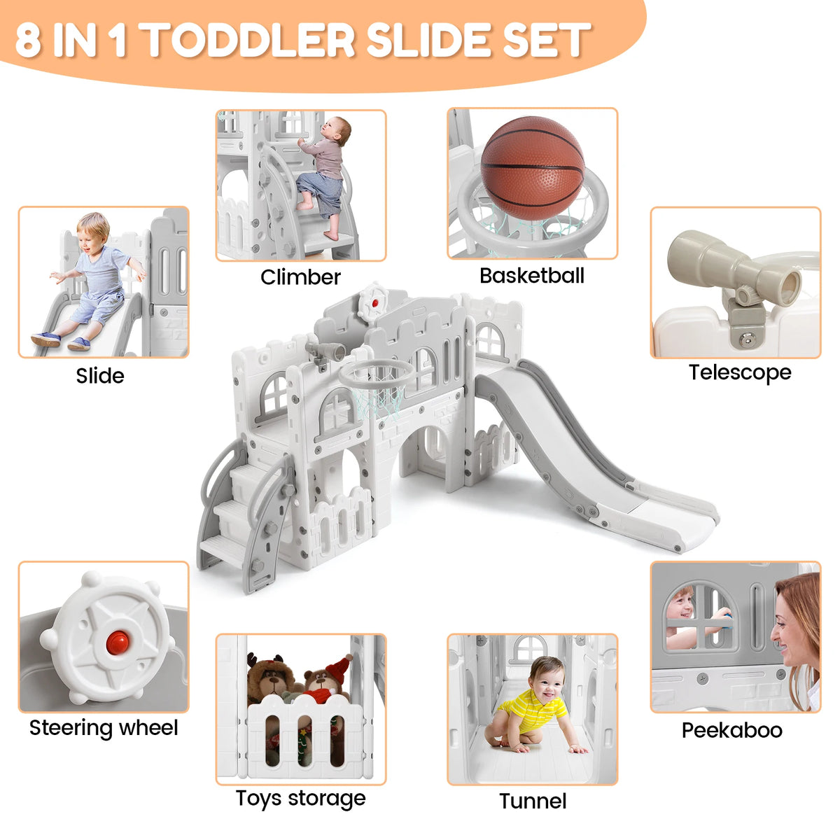 Toddler Indoor Playground Set With Slide And Basketball Hoop
