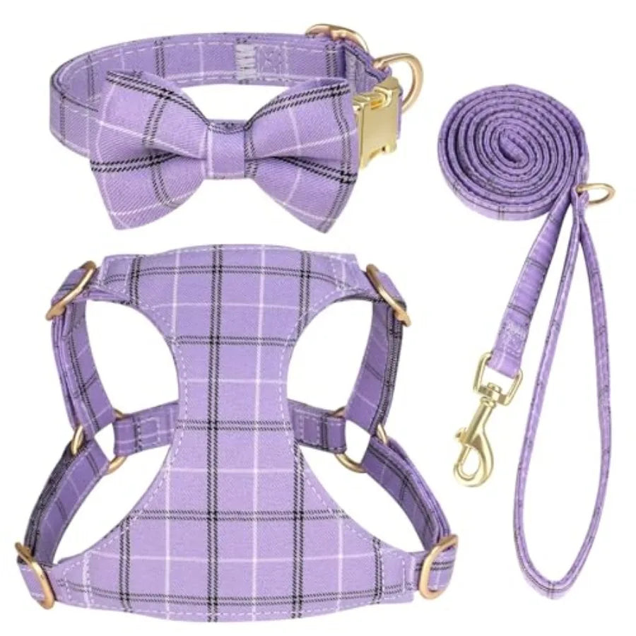 Adjustable Polyester Dog Harness Collar And Leash Set With Bowtie