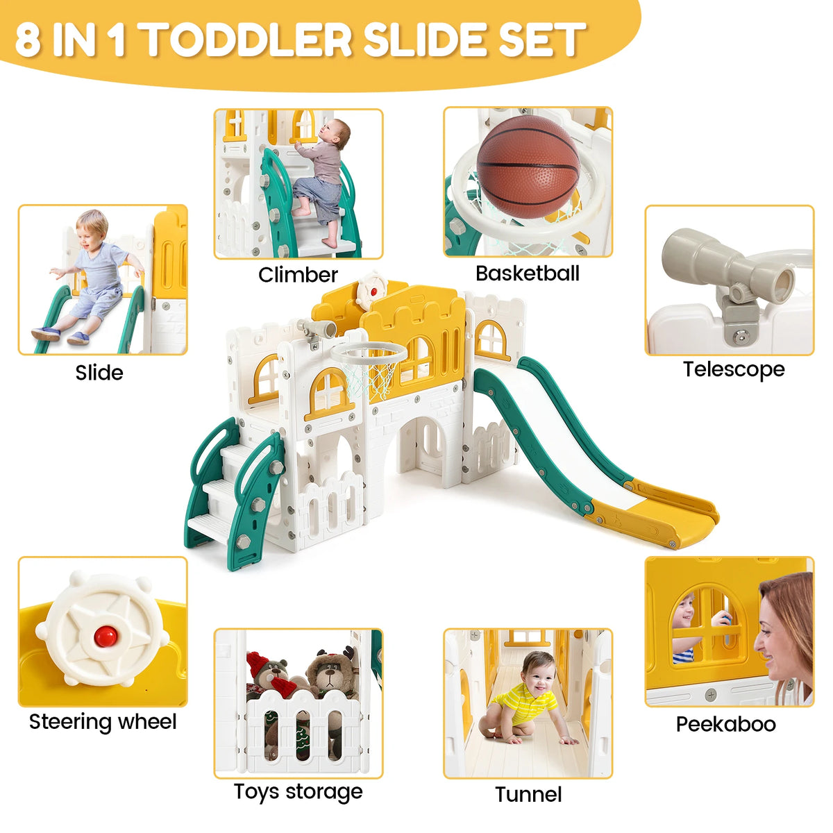8In1 Toddler Slide Indoor Playground With Climber And Basketball Hoop