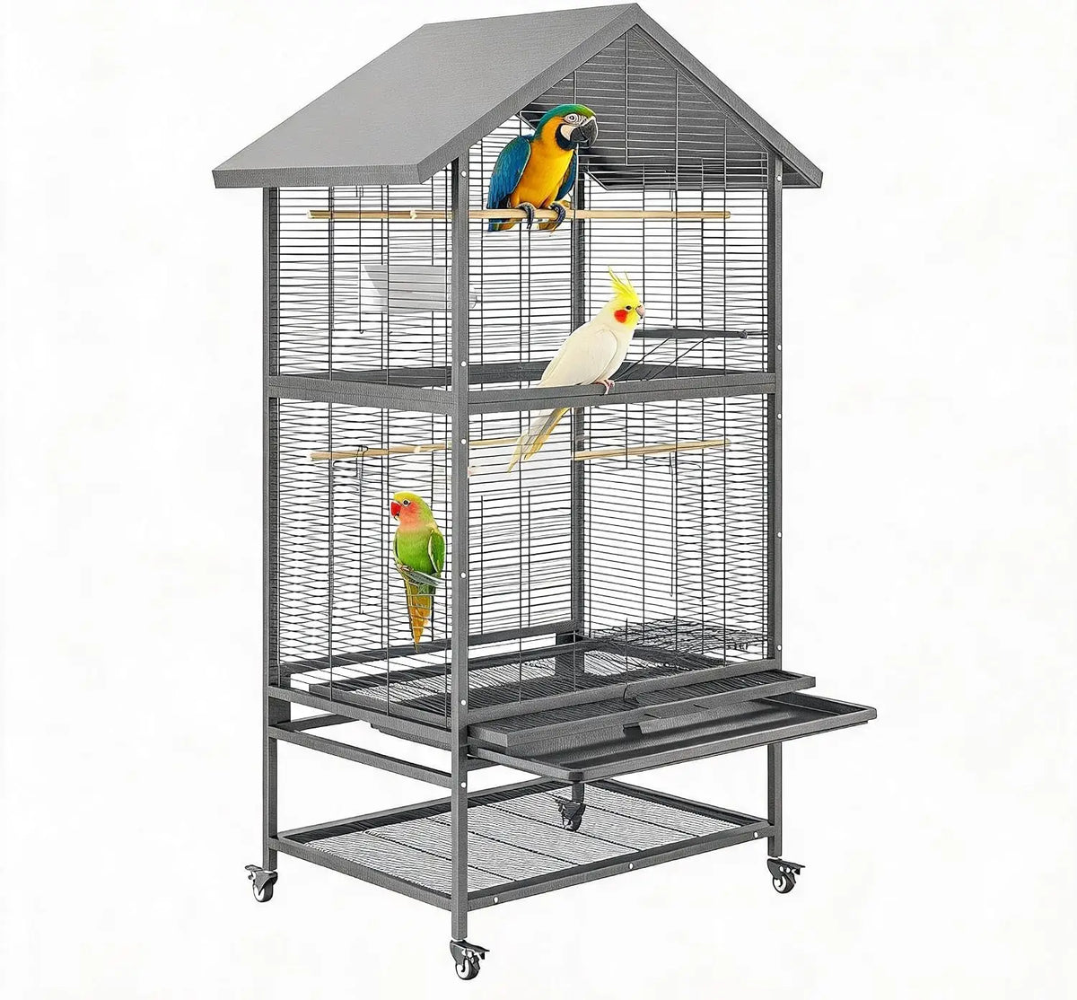 Large Wrought Iron Bird Cage With Rolling Stand And Perches