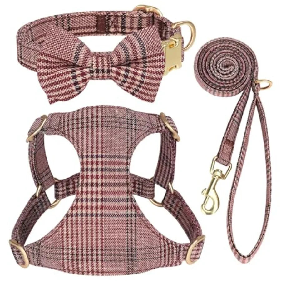 Adjustable Polyester Dog Harness Collar And Leash Set With Bowtie