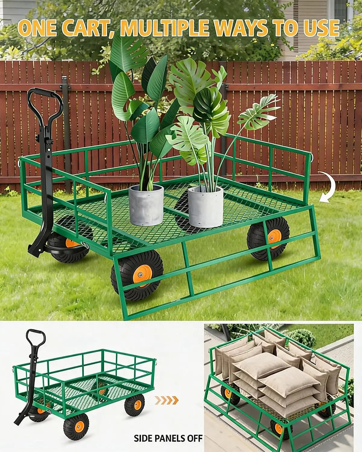 Tacleekii Heavy Duty Steel Garden Wagon With Removable Mesh Sides