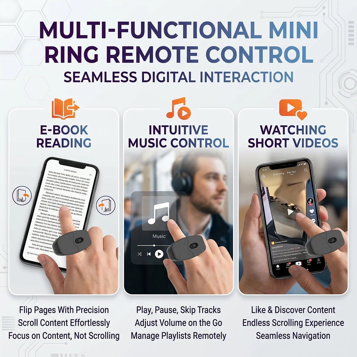 Ergonomic Bluetooth Wearable Ring Remote Control For Handheld Devices